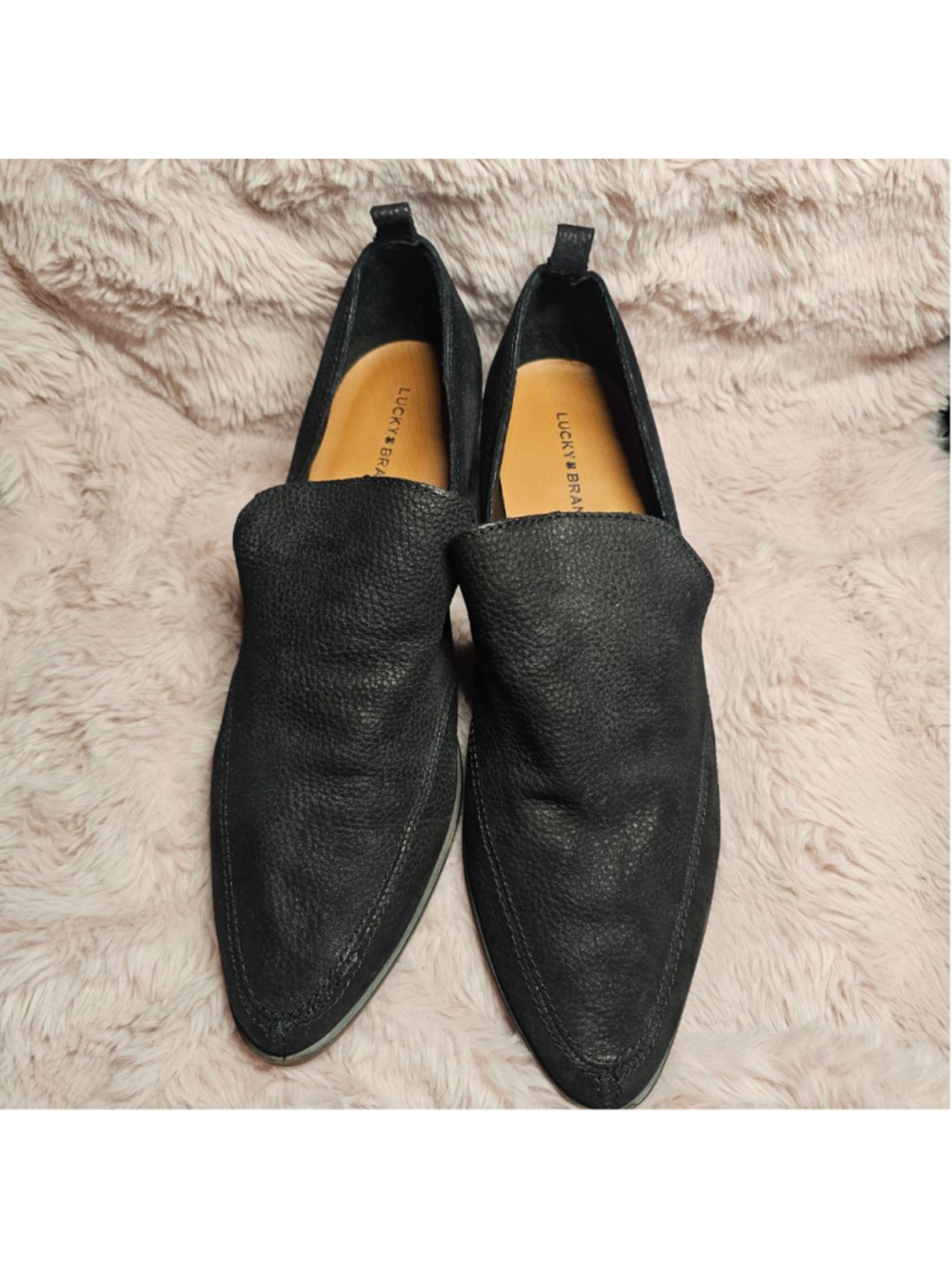 0Lucky Brand Black Pebble Leather Pointed Toe D'Orsay Block Heel Shooties